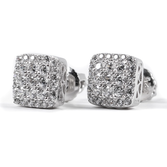 Mens Square White Gold Hip Hop Iced Sterling Silver Screw Back Stud Earrings - Picture 1 of 5